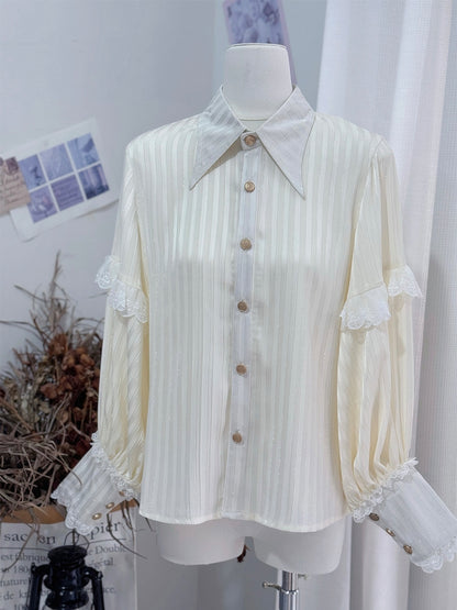 袖付きロリータシャツ王子襟尖ったロングクリームフォールドオーバー