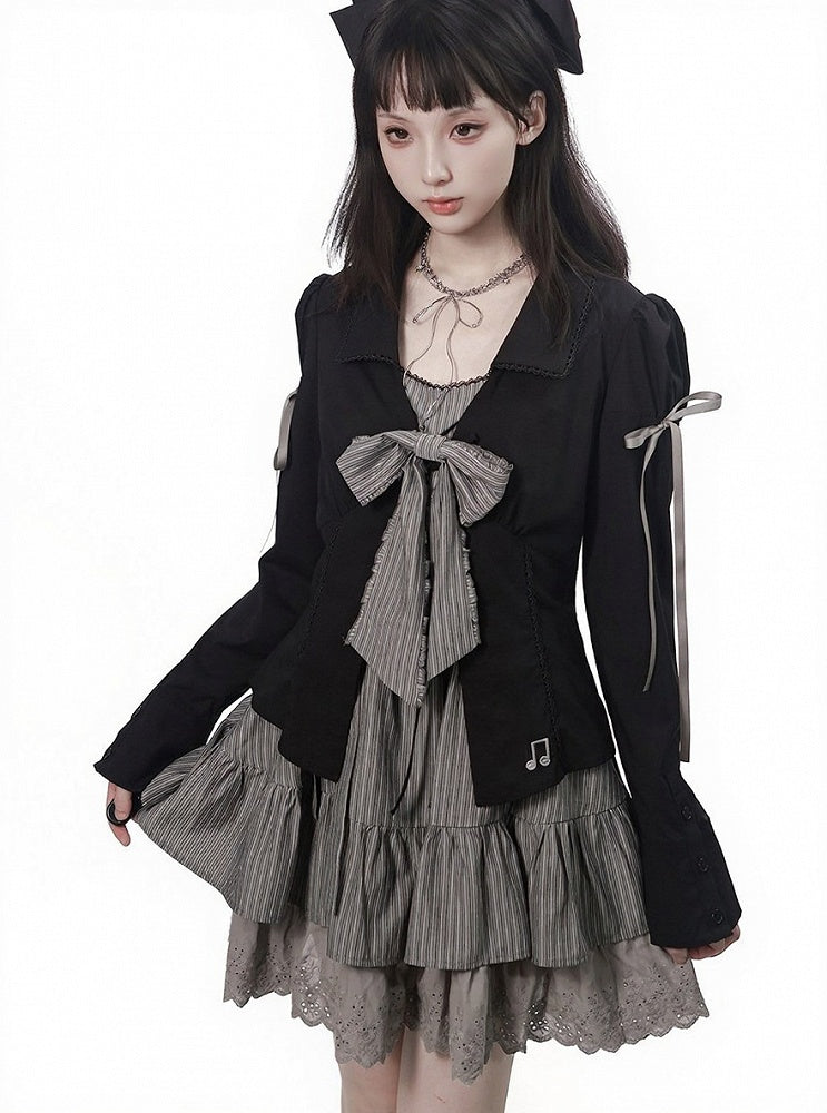 Onyx Lace-Collar Long-Sleeve Top with Musical Embroidery - PINK SAVIOR
