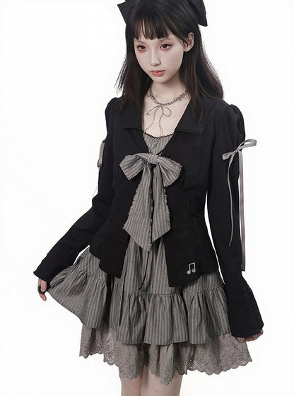 Onyx Lace-Collar Long-Sleeve Top with Musical Embroidery - PINK SAVIOR