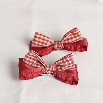 Edges with Lolita Plaided Bow Hairclips Red Ruffled White