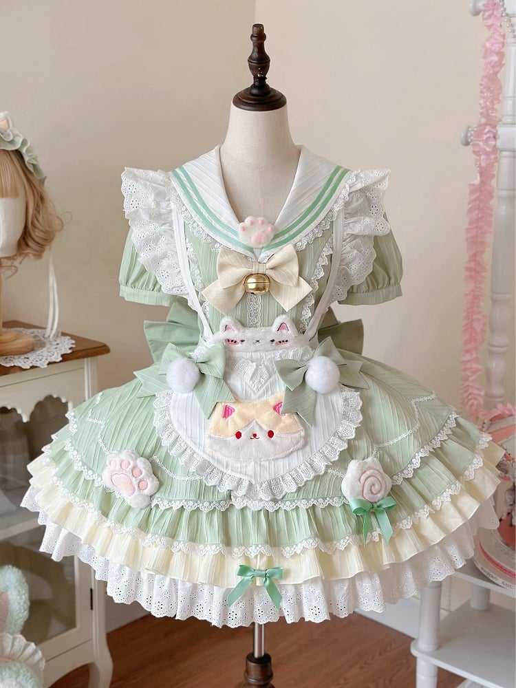 Herzförmige grüne Lolita-Schürze mit Maid-Matcha-Kragen, süßes Matrosen-Kätzchen-Kleid