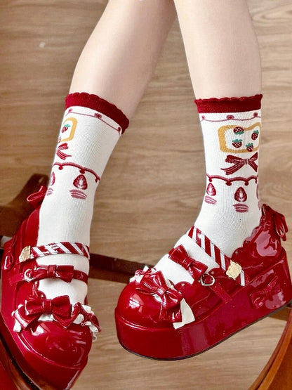 Lolita-Erdbeersocken mit roter Schleife und Kalbsleder-Print