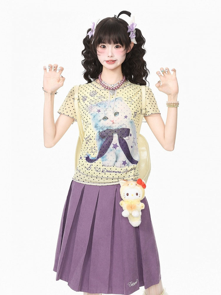 Yellow Purple Mesh Tee with Polka Dot Kitty Pattern - Languid Park
