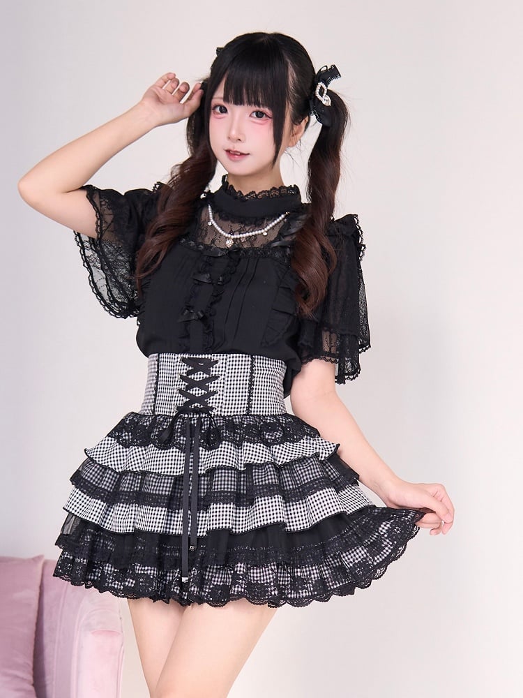 Lace Tiered Kei Style Plaid Skirt: Jirai Black Trim