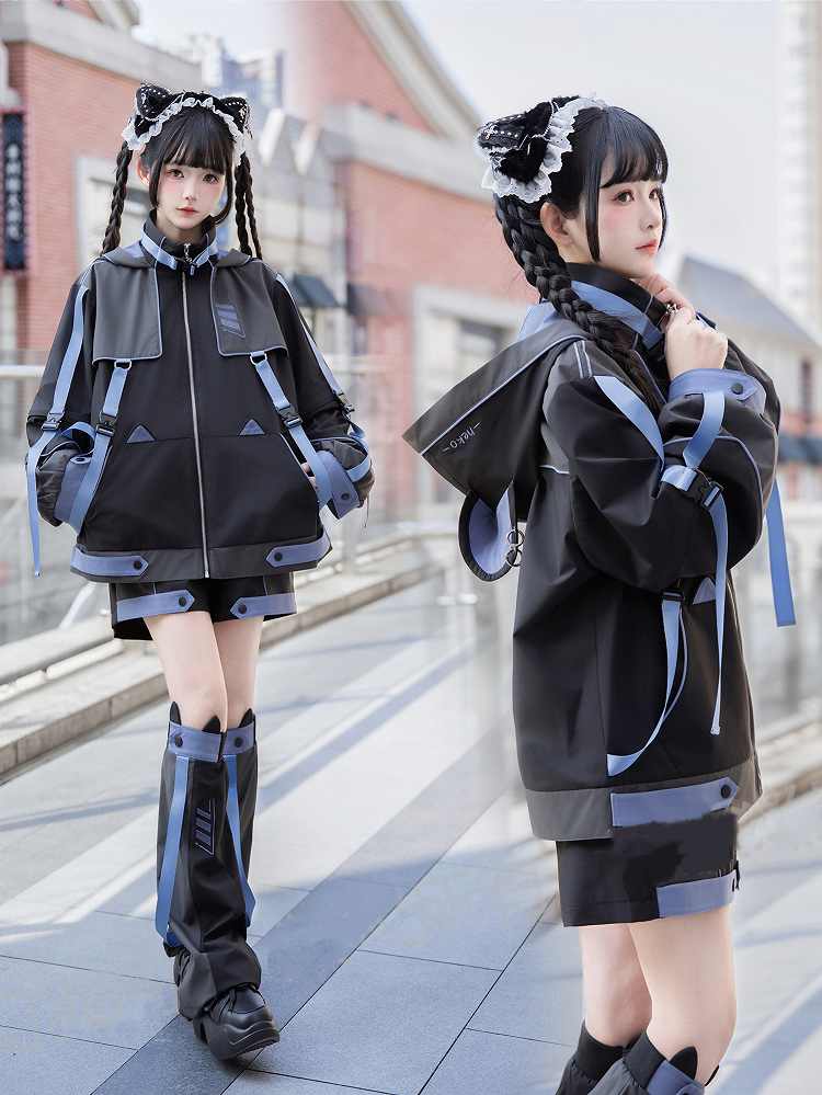 Kitty Ears Black and in Hood and Detachable Sleeves Blue Waterproof Jacket with Cyberpunk Techwear