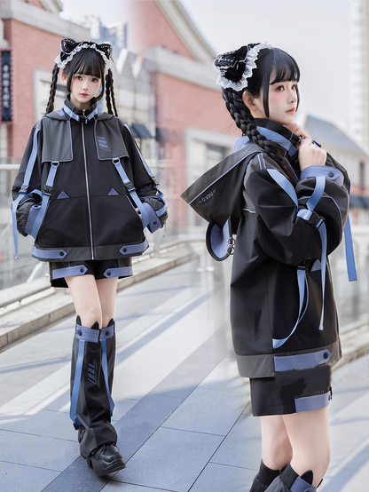 Cyber ​​Neko Techwear Dreiteiliges Set – Windbreaker-Jacke