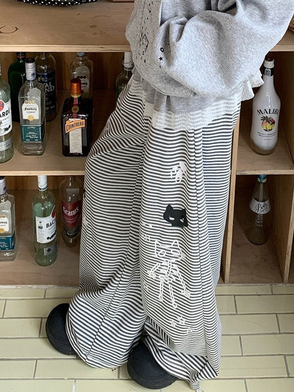 Striped Drawstring Wide Leg Pants with Star and Cat Print - Solkatt