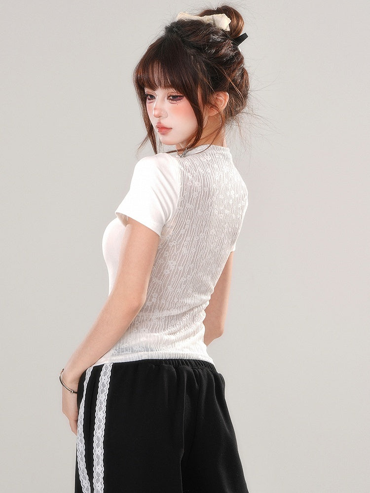 ブラック/ホワイト バタフライ モックネック Tシャツ 背中にレースパッチワーク