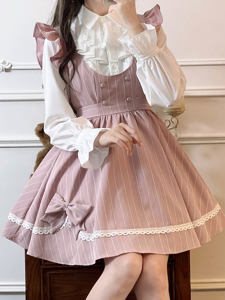 White Sweet Lace Details Jabot Collar Long Sleeves Elastic Cuffs Blouse