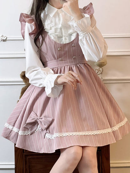 White Sweet Lace Details Jabot Collar Long Sleeves Elastic Cuffs Blouse
