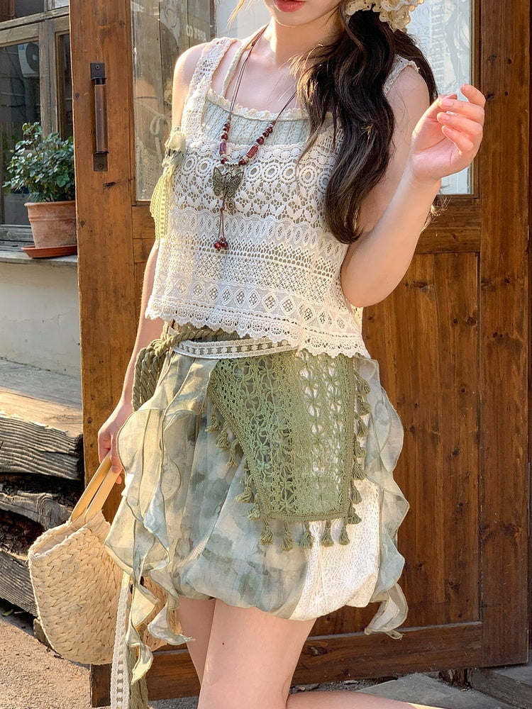 Dye Lace Taille Patches Krawatte Shorts Seite Mori Kei Grün Elastisch