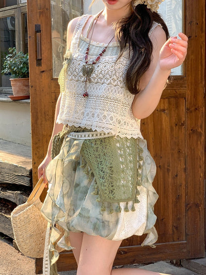 Dye Lace Taille Patches Krawatte Shorts Seite Mori Kei Grün Elastisch