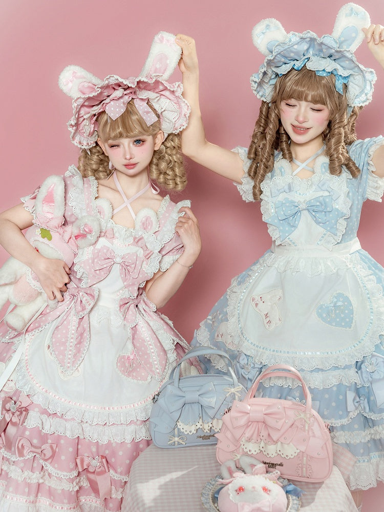 Süße herzförmige schwarze Lolita-Schleifen-Schürze, blau-rotes Mieder/rosa verziert