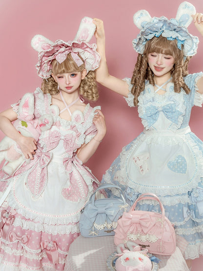 Süße herzförmige schwarze Lolita-Schleifen-Schürze, blau-rotes Mieder/rosa verziert