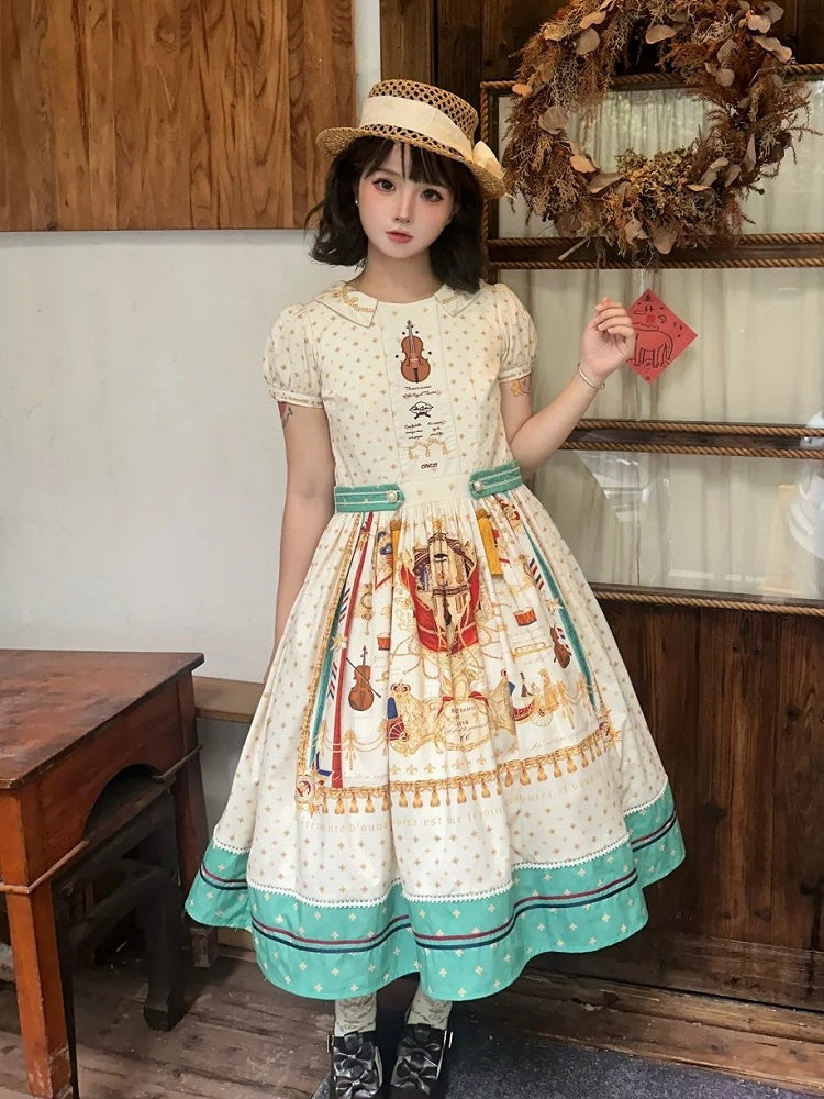 Long White Musical Print Peter Pan Collar OP Dress with Tassels - Crucis Universal Tailor Company