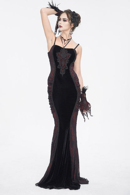 Black and Red High-Waisted Embroidered Women's Gothic Dress