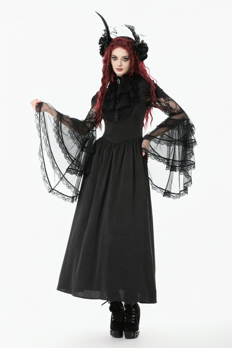 Black Stand Collar Trumpet Sleeve Lace Wedding Gothic Dress