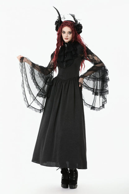 Black Stand Collar Trumpet Sleeve Lace Wedding Gothic Dress