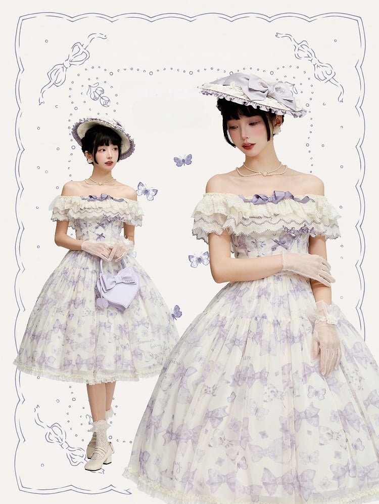 Purple Bows and Butterfly Lolita Dress Two Ways Wear Neckline