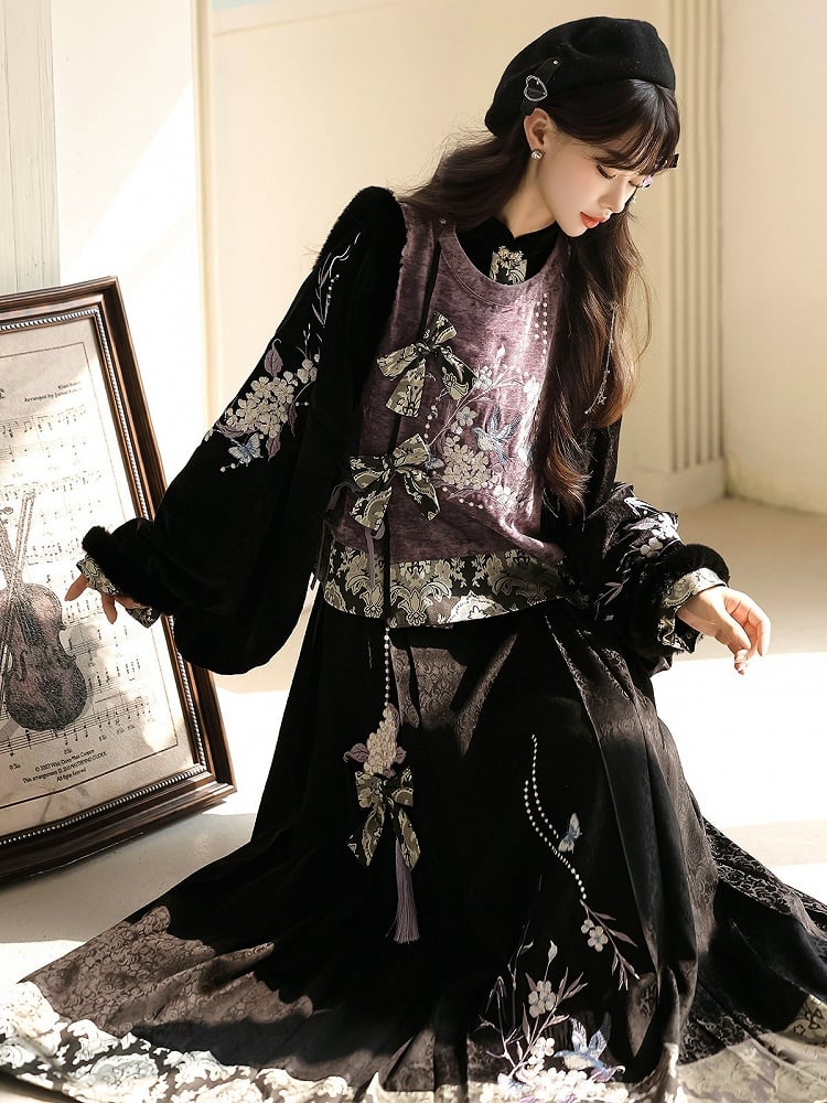 Oriental Embroidered Floral Blouse in Black & Purple with Fuzzy Trim Vest and Pleated Skirt - Han Ru Chu Hanfu &amp; Han-Element Studi