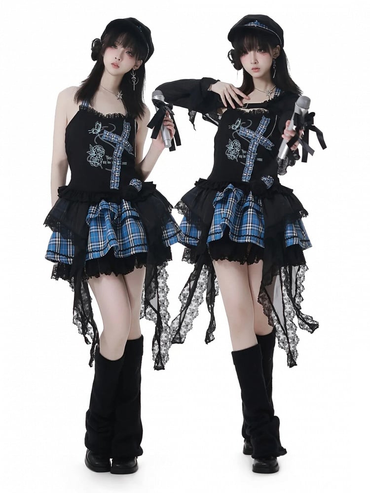 Print Design Butterfly Handkerchief Hem Idol Blue Plaid Criss-cross Halter Top Black and Rose