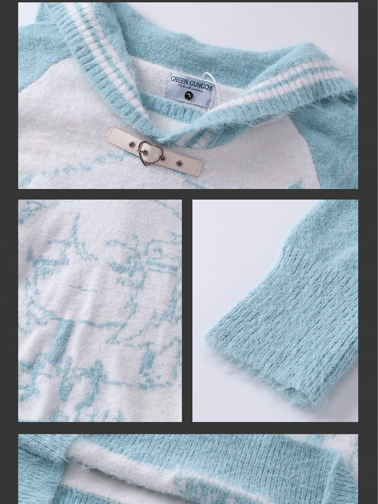 ライトブルー/ピンク/ブラック 自来也景 地雷ガールグラフィック セーラーカラーセーター