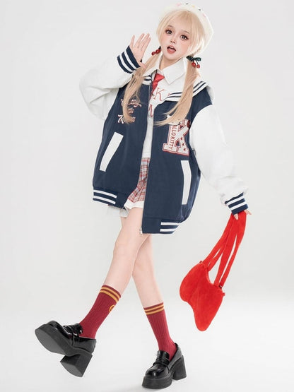 Grey/Navy Blue Kitty Embroidery Sailor Collar Spring Zip Jacket