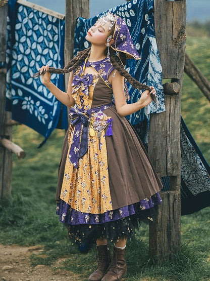 Yellow & Purple Retro Floral Print Lolita JSK Dress with Layered Skirt - Neoludwig