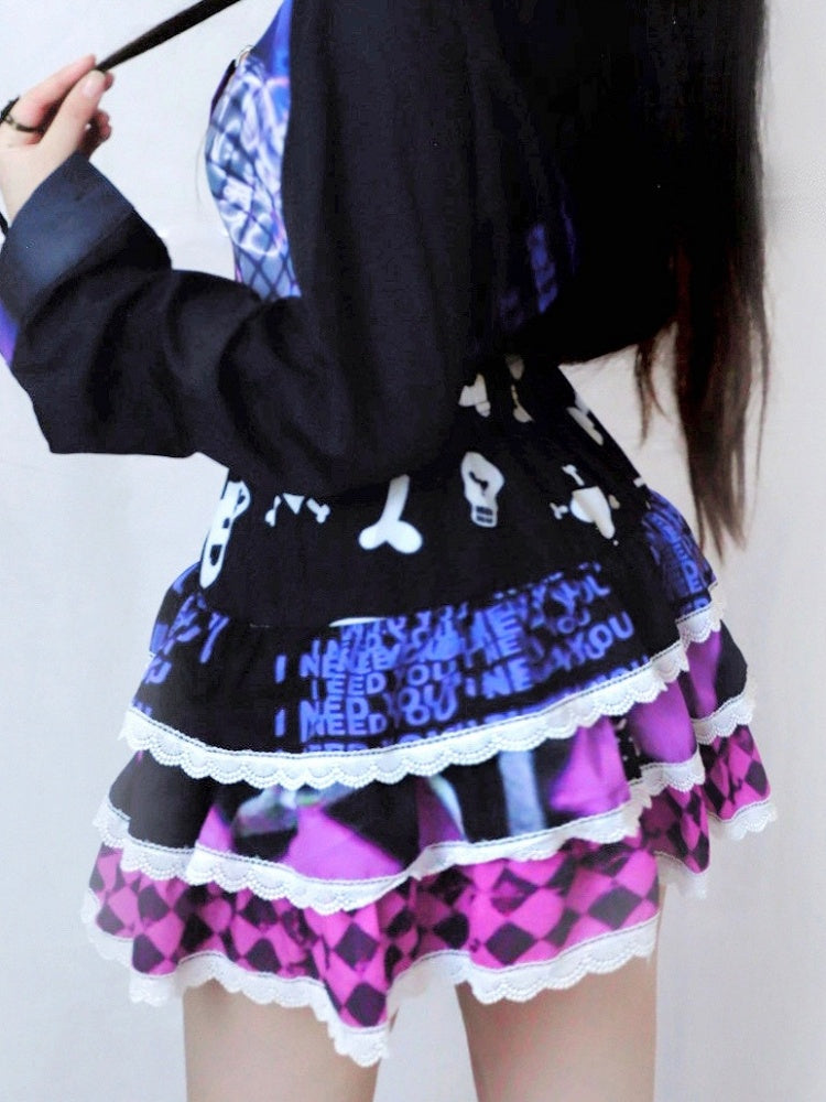 レッドダイヤモンドハート柄プリントY2Kスケルトンスカートローズボーンティアード