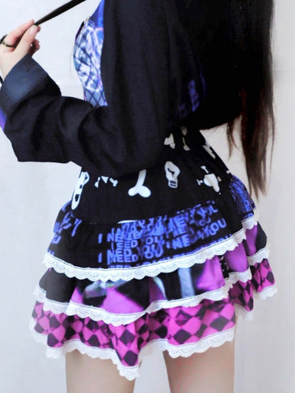 レッドダイヤモンドハート柄プリントY2Kスケルトンスカートローズボーンティアード