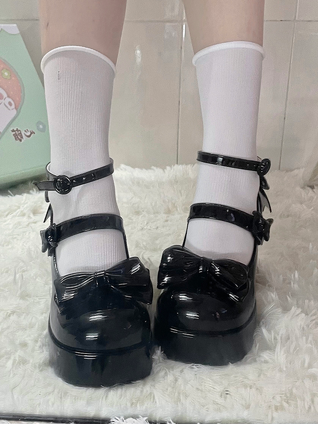 Schwarze Lolita-Schuhe mit Schleife und Plateau und hohem Blockabsatz
