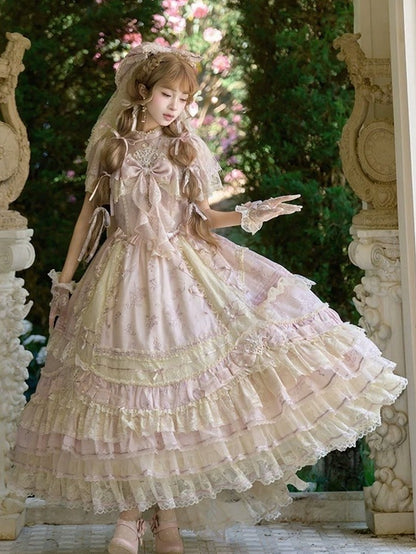 Refined Pink Lace-Trim Floral Embroidered Lolita Dress with Bow Train - Mademoiselle Pearl