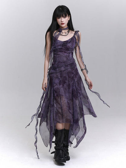 Flowing Strap Dress Matching Purple Handkerchief Neck Gothic Tie-Dye Hem with Ribbons Slip