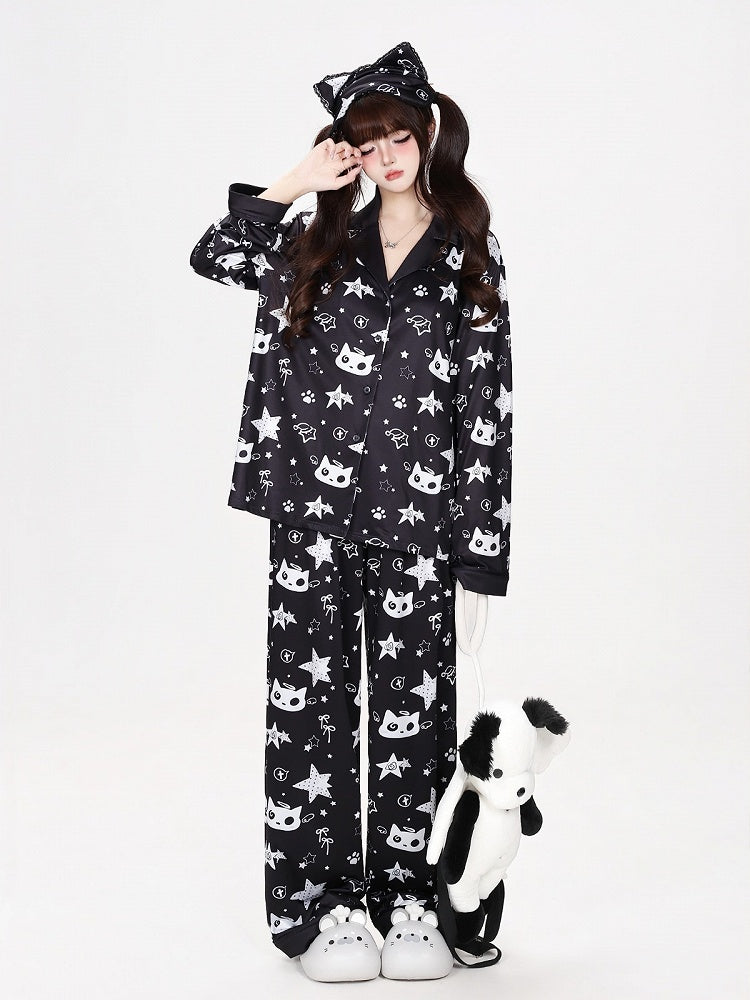 Kawaii Kitty and Star Print Two-Piece Loungewear Set in Black - CRAZY GIRL