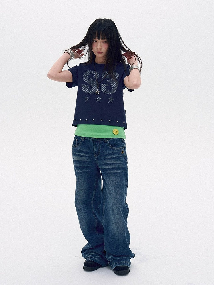 Navy Letter Print Tee with Star Studs - innomoood