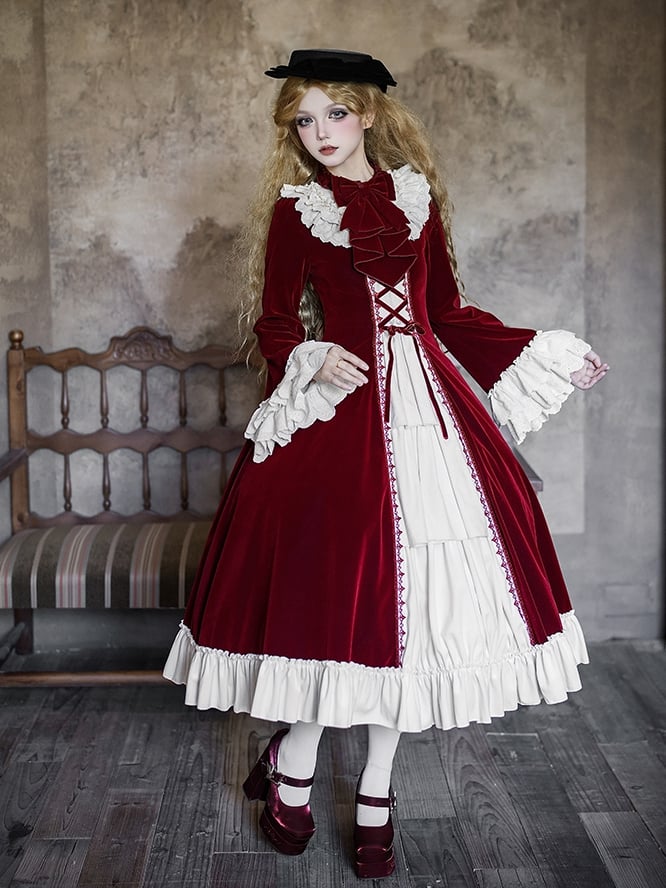 + Velvet Hairclip and Beige Bowtie Lolita OP Elegant Winter Bow Red Bell Sleeves