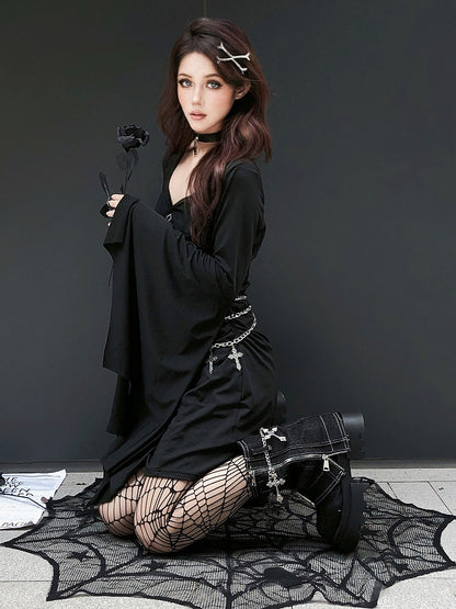 Gothic Punk Black Cross V-neck Flounce Bell Sleeves Dress with Waistchain Set