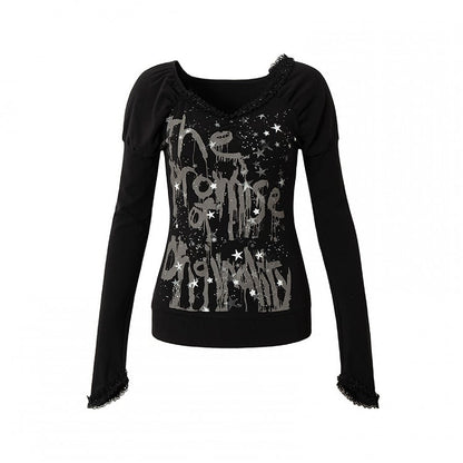 Schwarzes Top mit V-Ausschnitt und schimmernder Sternspitze