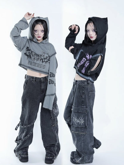 Dark Style Grey Cat Symbol Graphic Cropped Hoodie with Shoulder Zip Design - Tribuo Flos