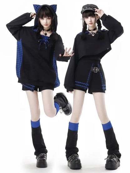 Skort Black Dark with and Buckle PU Plaid Blue