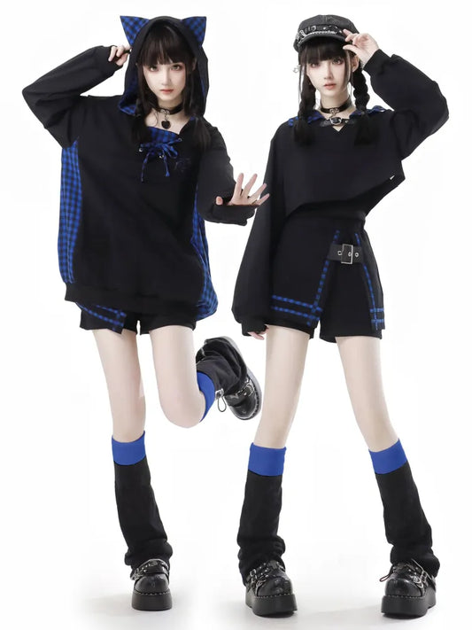 Skort Black Dark with and Buckle PU Plaid Blue