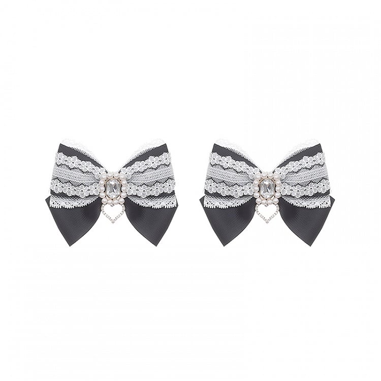 Rhinestone Hairclips Bow Lace : with Square Jirai Black Kei White