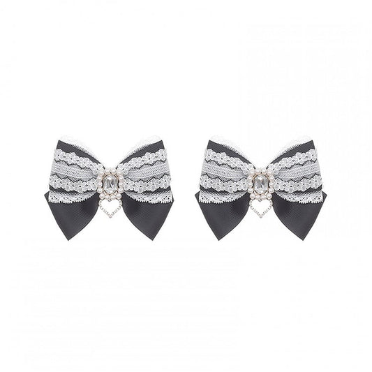 Rhinestone Hairclips Bow Lace : with Square Jirai Black Kei White
