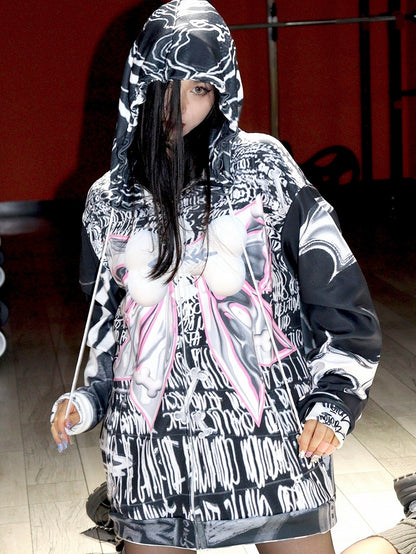 Letter Bow Black Gyaru Closure Hoodie Zip Print Big Pattern Fashion Bone