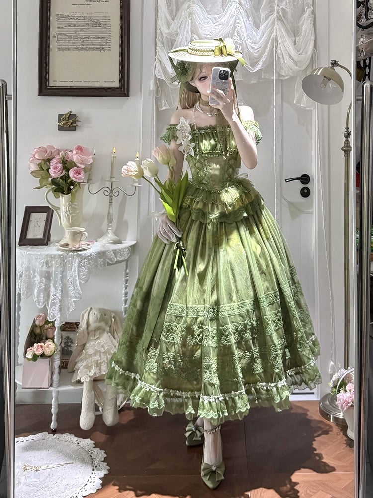 Top Baskenmuster Taillenstäbchen + Rock Ölgemälde Lolita Classic Overlay Grün