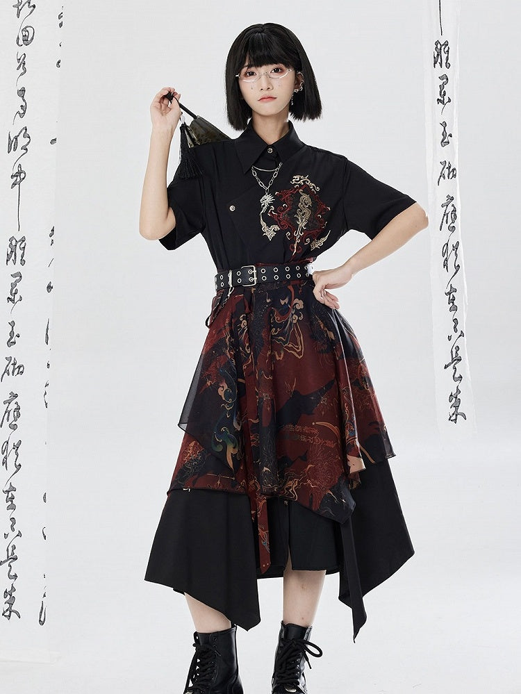 Asymmetrical Dragon Embroidery Long Dress - Qing Tang Original