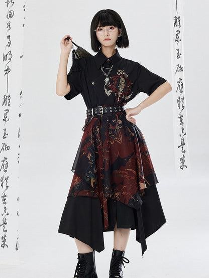 Asymmetrical Dragon Embroidery Long Dress - Qing Tang Original