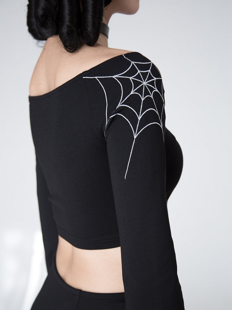 Gothic Black Spiderweb Bell Sleeves Cropped Top