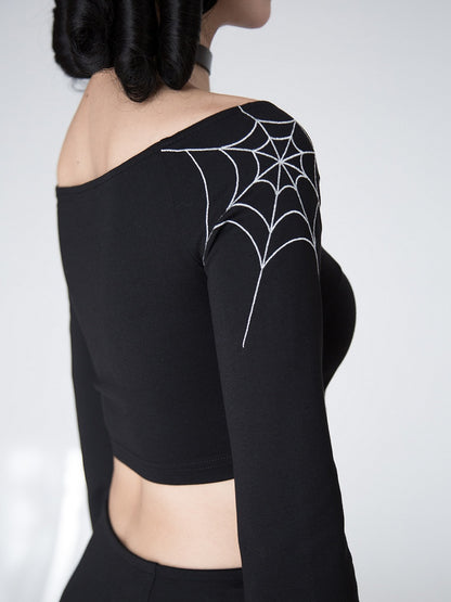 Gothic Black Spiderweb Bell Sleeves Cropped Top