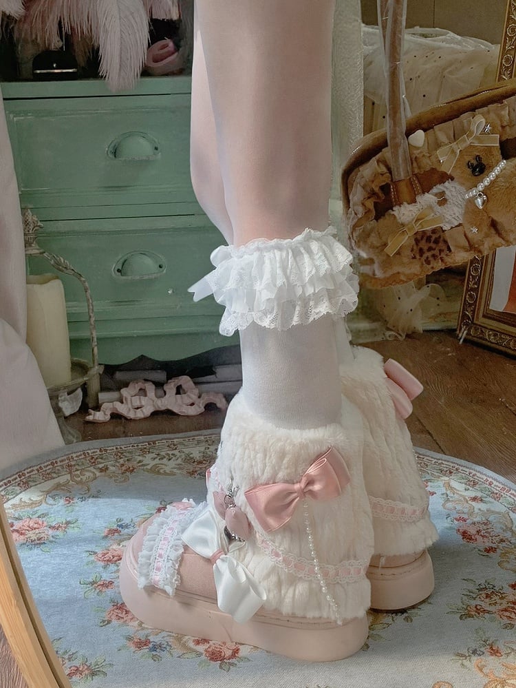 Lolita Bow Sweet Pink Plush Shoes with Beige Accents